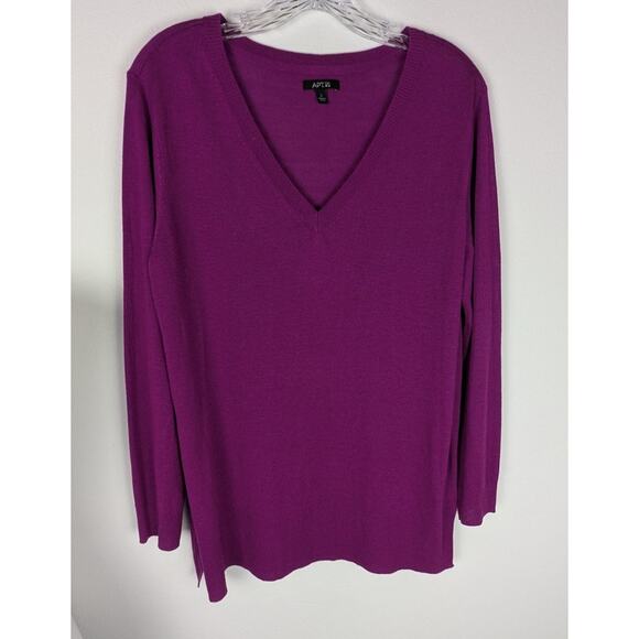 Apt 9 Deep Magenta/Plum V-Neck Tunic Sweater Split Hem Large fine knit EUC - Picture 1 of 9